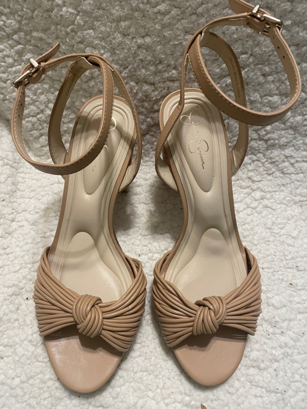 Jessica Simpson Knot-Front Ankle Strap Cork Block Heel in Tan